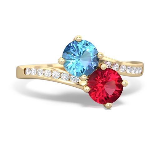 blue topaz-lab ruby two stone channel ring