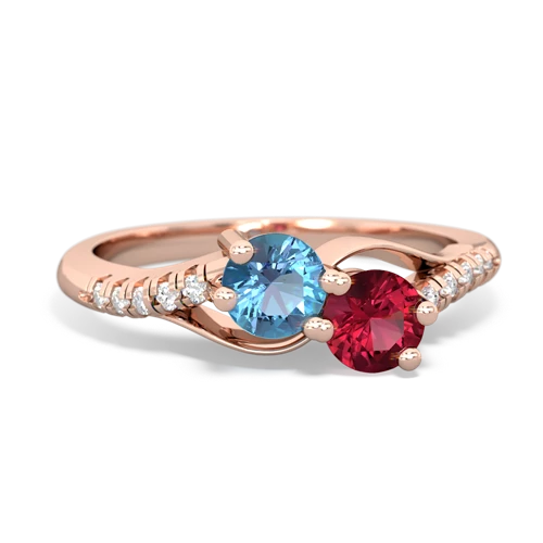 blue topaz-lab ruby two stone infinity ring