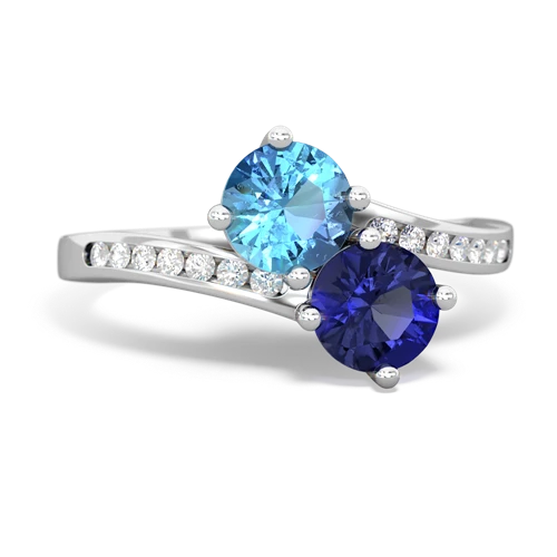 blue topaz-lab sapphire two stone channel ring