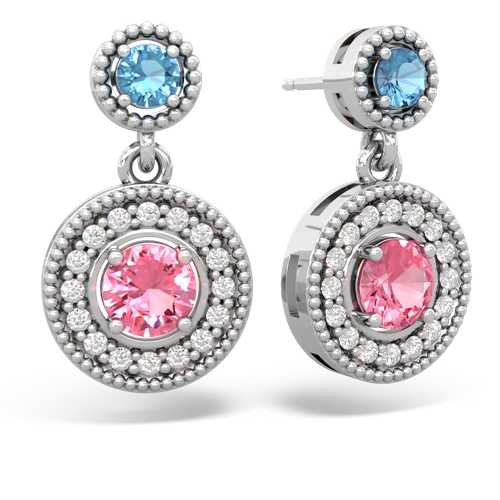 blue topaz-pink sapphire halo earrings