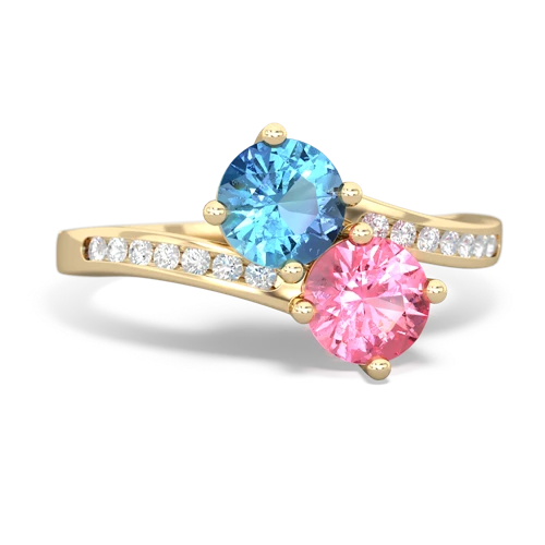 blue topaz-pink sapphire two stone channel ring