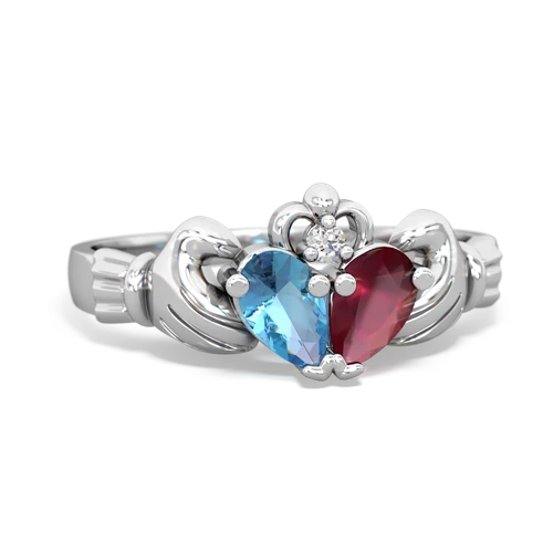 blue topaz-ruby claddagh ring