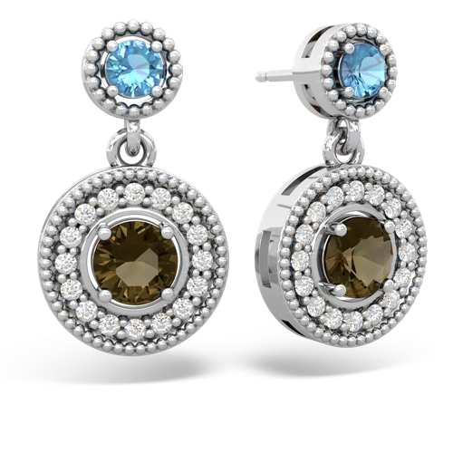 blue topaz-smoky quartz halo earrings