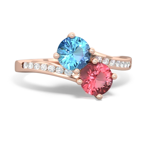 blue topaz-tourmaline two stone channel ring