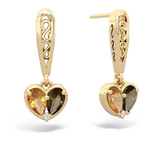 citrine-smoky quartz filligree earrings