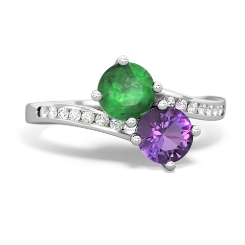 emerald-amethyst two stone channel ring