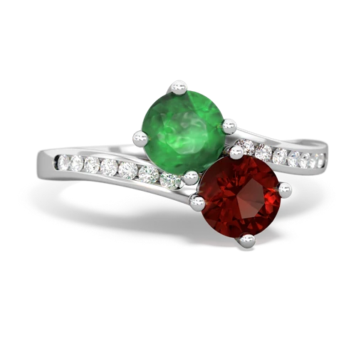 emerald-garnet two stone channel ring