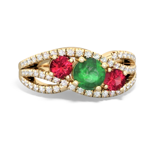 emerald-lab ruby three stone pave ring