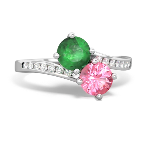 emerald-pink sapphire two stone channel ring