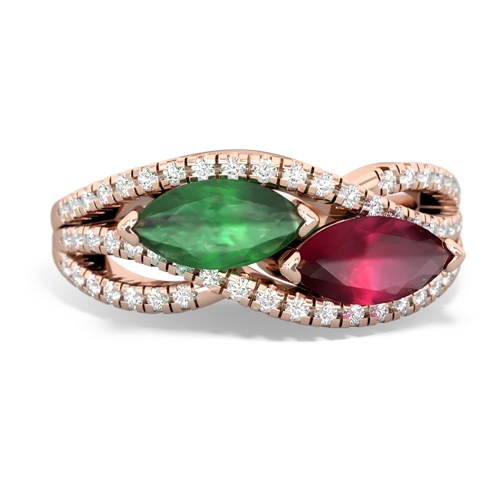 emerald-ruby double heart ring