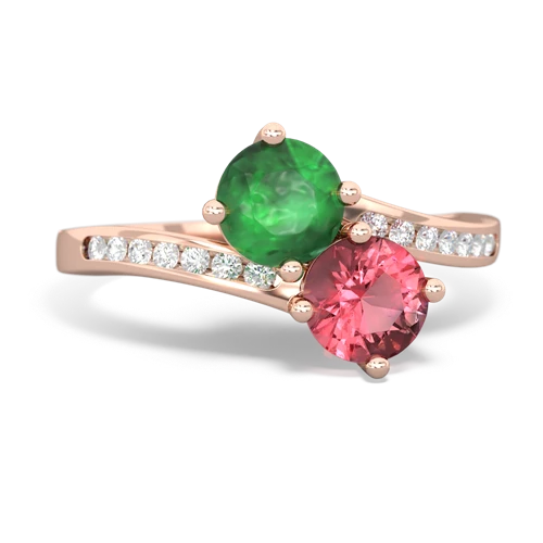 emerald-tourmaline two stone channel ring