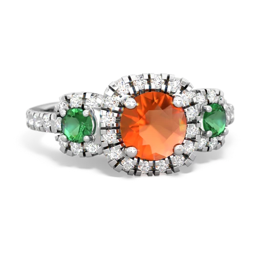 fire opal-lab emerald three stone regal ring