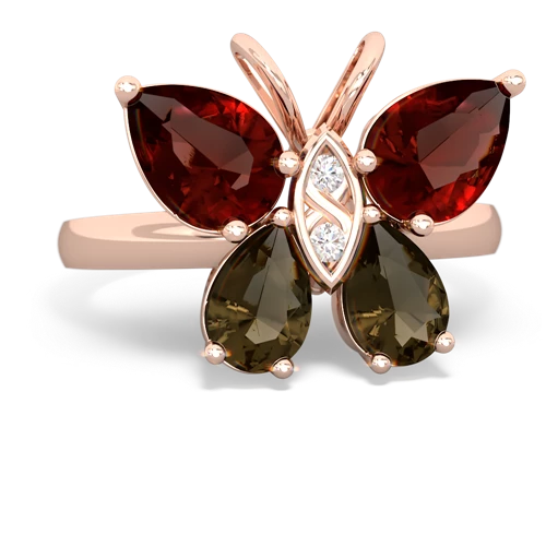 garnet-smoky quartz butterfly ring