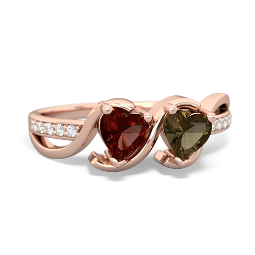 garnet-smoky quartz double heart ring