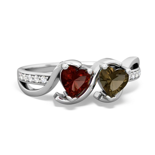 garnet-smoky quartz double heart ring