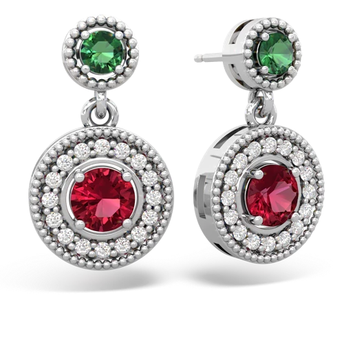lab emerald-lab ruby halo earrings