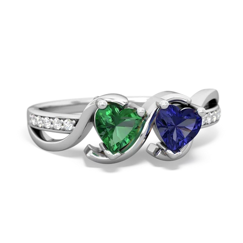 lab emerald-lab sapphire double heart ring