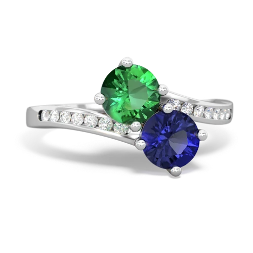 lab emerald-lab sapphire two stone channel ring