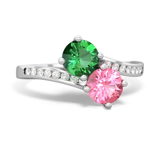 lab emerald-pink sapphire two stone channel ring