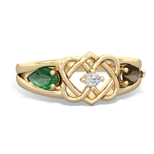 lab emerald-smoky quartz double heart ring