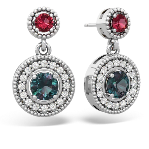 lab ruby-alexandrite halo earrings