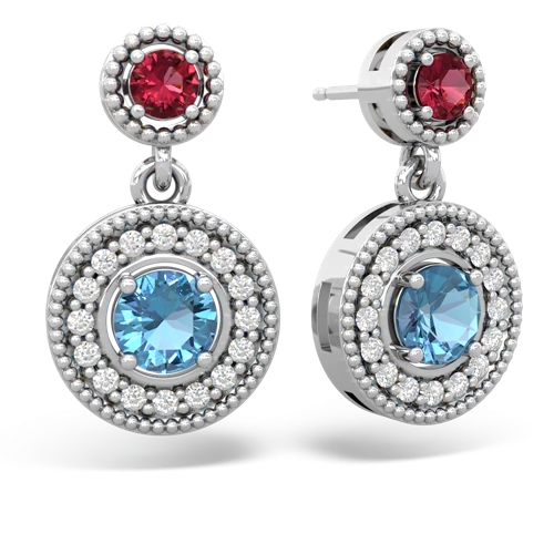 lab ruby-blue topaz halo earrings