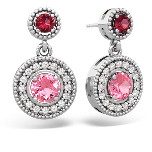 lab ruby-pink sapphire halo earrings