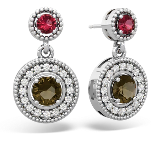 lab ruby-smoky quartz halo earrings
