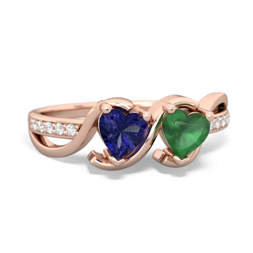 lab sapphire-emerald double heart ring