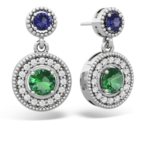 lab sapphire-lab emerald halo earrings