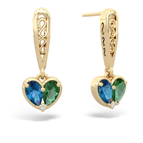 london topaz-lab emerald filligree earrings