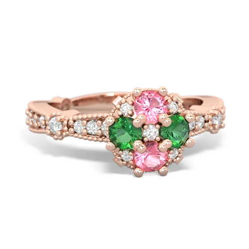 pink sapphire-lab emerald art deco engagement ring