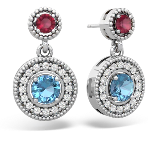 ruby-blue topaz halo earrings