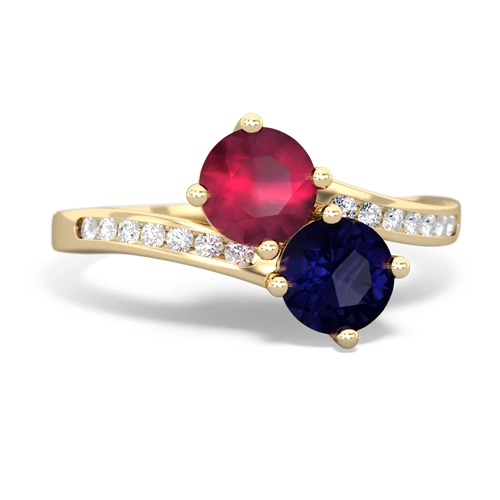 ruby-sapphire two stone channel ring