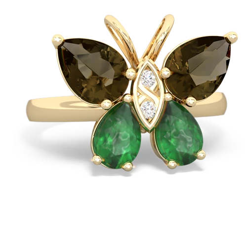 smoky quartz-emerald butterfly ring