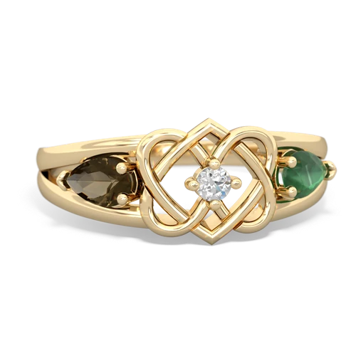 smoky quartz-emerald double heart ring
