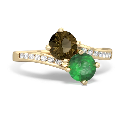 smoky quartz-emerald two stone channel ring