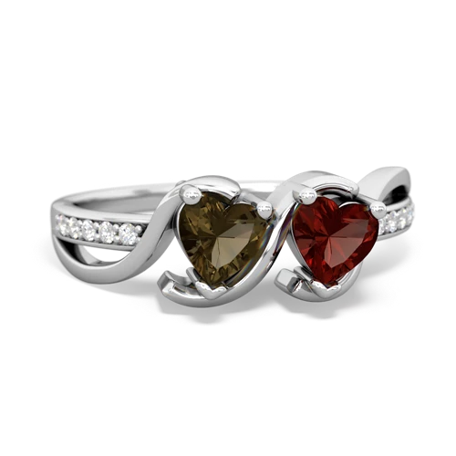 smoky quartz-garnet double heart ring