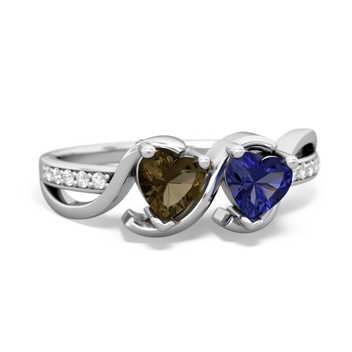 smoky quartz-lab sapphire double heart ring