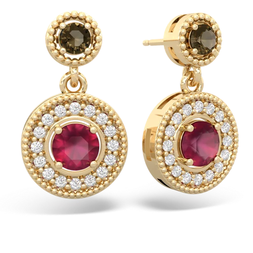 smoky quartz-ruby halo earrings