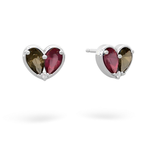smoky quartz-ruby one heart earrings