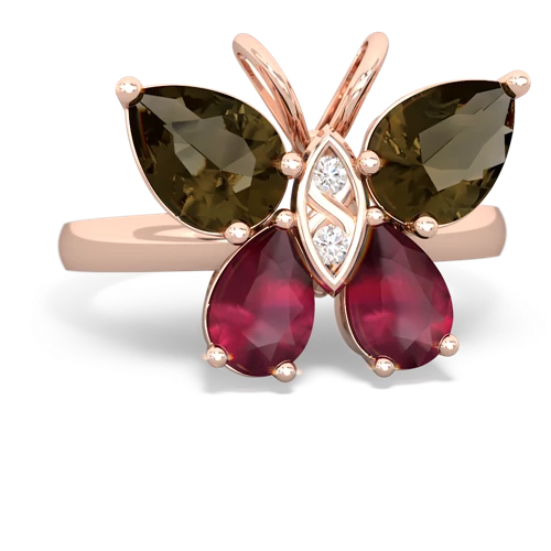 smoky quartz-ruby butterfly ring