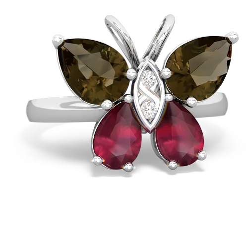 smoky quartz-ruby butterfly ring