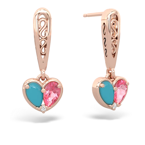 turquoise-pink sapphire filligree earrings