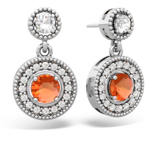 white topaz-fire opal halo earrings