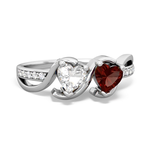 white topaz-garnet double heart ring