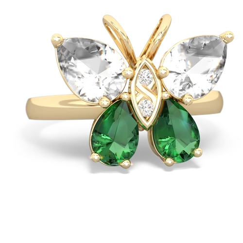 white topaz-lab emerald butterfly ring