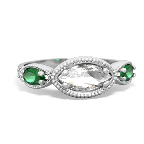 white topaz-lab emerald milgrain marquise ring
