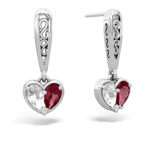 white topaz-lab ruby filligree earrings