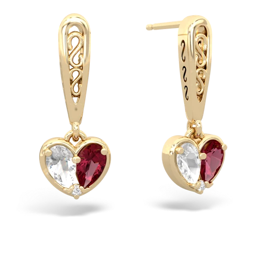 white topaz-lab ruby filligree earrings